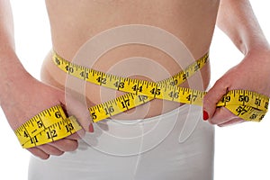 Closeup of tape measure around woman waist