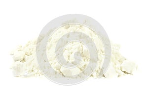 Closeup of tapioca starch or powder flour on a white background. Powder starch on a white background. Pile potato starch photo