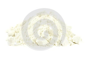 Closeup of tapioca starch or powder flour on a white background. Powder starch on a white background. Pile potato starch