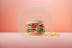 Closeup of tasty hamburger with french fries on pink background