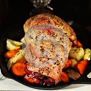 Closeup of a tasty roast leg of lamb