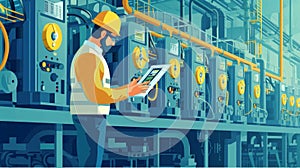 Closeup of a technician yzing energy usage data on a tablet device while standing next to a row of machinery in a