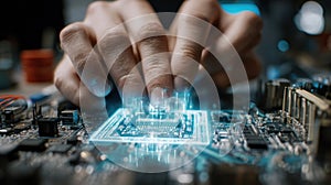 A closeup of a technicians hands installing zerotrust OT chips onto a machinery motherboard illuminating the human
