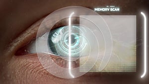 Closeup technological eye memory analysis process with biometrical retina scan