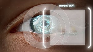 Closeup technological eye memory analysis process with biometrical retina scan