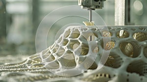 A closeup of a technologically advanced 3D printer creating intricate structures out of a biodegradable plantbased