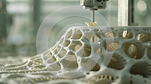 A closeup of a technologically advanced 3D printer creating intricate structures out of a biodegradable plantbased photo