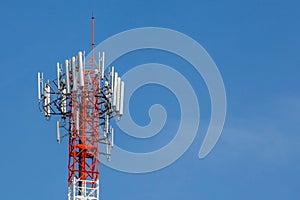 Closeup telecommunications tower with beautiful blue sky backgro