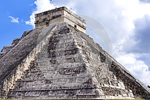 Closeup of Temple of Kukulkan Pyramid El Castillo Maya Pyramid in Chichen I