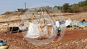 A closeup of temporary tent being built by nomadic people