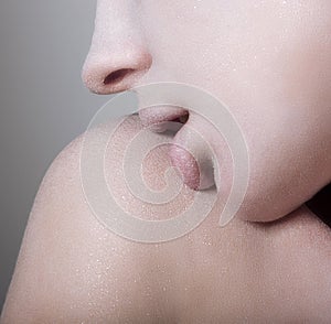 Closeup Tempting Woman's Face with Opened Mouth. Craving. Desire photo
