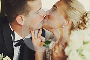 Closeup of tenderly kissing wedding couple