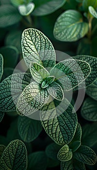 Closeup of a terrestrial plant with green leaves on a dark background