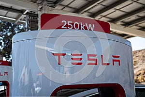 Closeup of Tesla 250kw supercharger in Kettleman City, CA