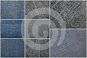 Closeup texture background of different types of jeans