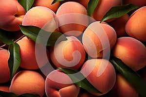 closeup texture of fresh ripe organic peaches and leaves top view, natural fruit background