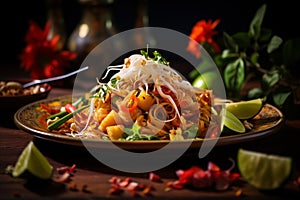 Closeup Thai with eggs, bean sprouts, peanuts, tofu and spring onion famous food menu in Thailand Generative AI