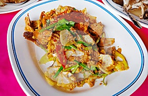 Closeup, Thai fried curry soft crab on white plate