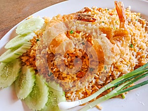 Closeup Thai fried rice with shrimp on table