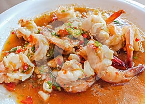 Closeup, Thai Spicy Shrimp on white plate