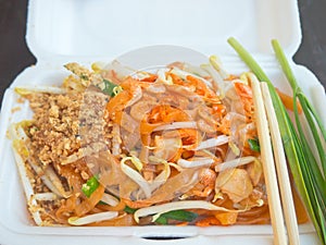 Closeup of Thai style stir fried noodle packed in carrying foam ware