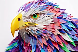 Closeup of thick paper cut of eagle in AI generative isolated on the white background. Generative AI illustration.