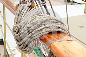 Closeup of thick ropes on sailboat