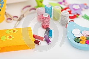 Closeup on threads and buttons on table