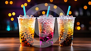 Closeup of three colorful milk-free bubble boba tea cocktail drinks