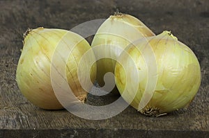 Closeup three onions on wooden floor