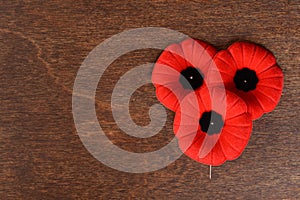 Closeup of three remembrance day poppies