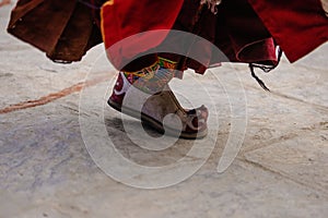 Closeup of a Tibetan Buddhist shoe at Tiji Festival in ancient Lo Manthang, Upper Mustang, Nepal
