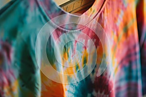 closeup of a tiedye tshirt on a hanger