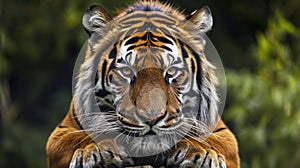 Closeup of a tigers powerful muscles tensed and ready for the perfect moment to strike its unsuspecting prey