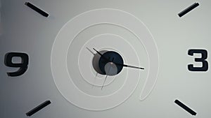 Closeup timelapse of clock hands passing fast. Close-up white with black numbers and arrows rotating. Concept of time