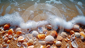 Closeup of tiny glittering flecks of sand blending into co pebbles and shells along the waters edge photo