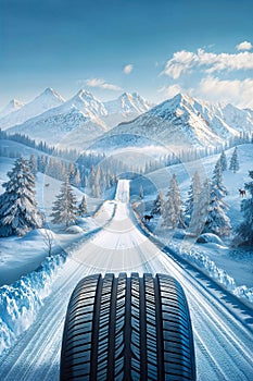 Closeup of a tire on a snowy mountain road. Advertising image of winter tires, space for copy