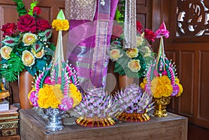 Closeup to Beautiful Thai Rice Offering on Wooden Worship Pedestal