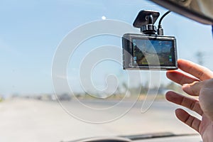 Closeup to dash camera in the car