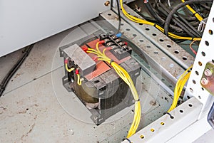 Closeup to Electric Transformer in Control Cabinet