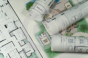 Closeup to floor plans. Architect drawings, expensive renovation,  building construction cost, modern design, mortgage or credit