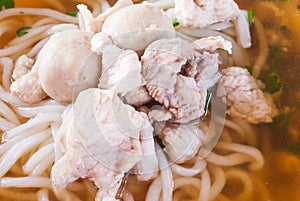 Closeup to Laos Style Noodle with Pork and Meatball