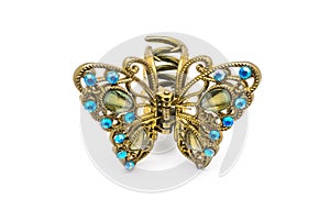 Closeup to Old Luxury Decorated Golden Butterfly Hair Clip, Isolated