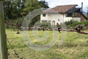 Closeup to an old and rusty barbed wire fence at green countryside