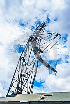 Closeup to Parabolic Military Mobile Communication Antenna Tower