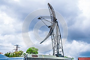 Closeup to Parabolic Military Mobile Communication Antenna Tower