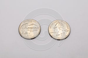 Closeup to Washington State Symbol on Quarter Dollar Coin on White Background