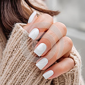 Closeup to woman hands with elegant neutral colors manicure. Beautiful natural looking white nail polish , generated by