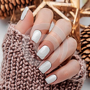 Closeup to woman hands with elegant neutral colors manicure. Beautiful natural looking white nail polish , generated by