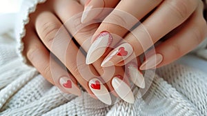 Closeup to woman hands with elegant Valentines day inspired neutral colors